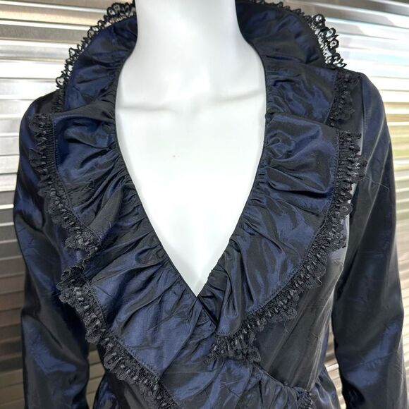 Anna Sui Vintage Taffeta Midnight Iridescent Blue Wrap Dress Small 4 - Picture 4 of 13